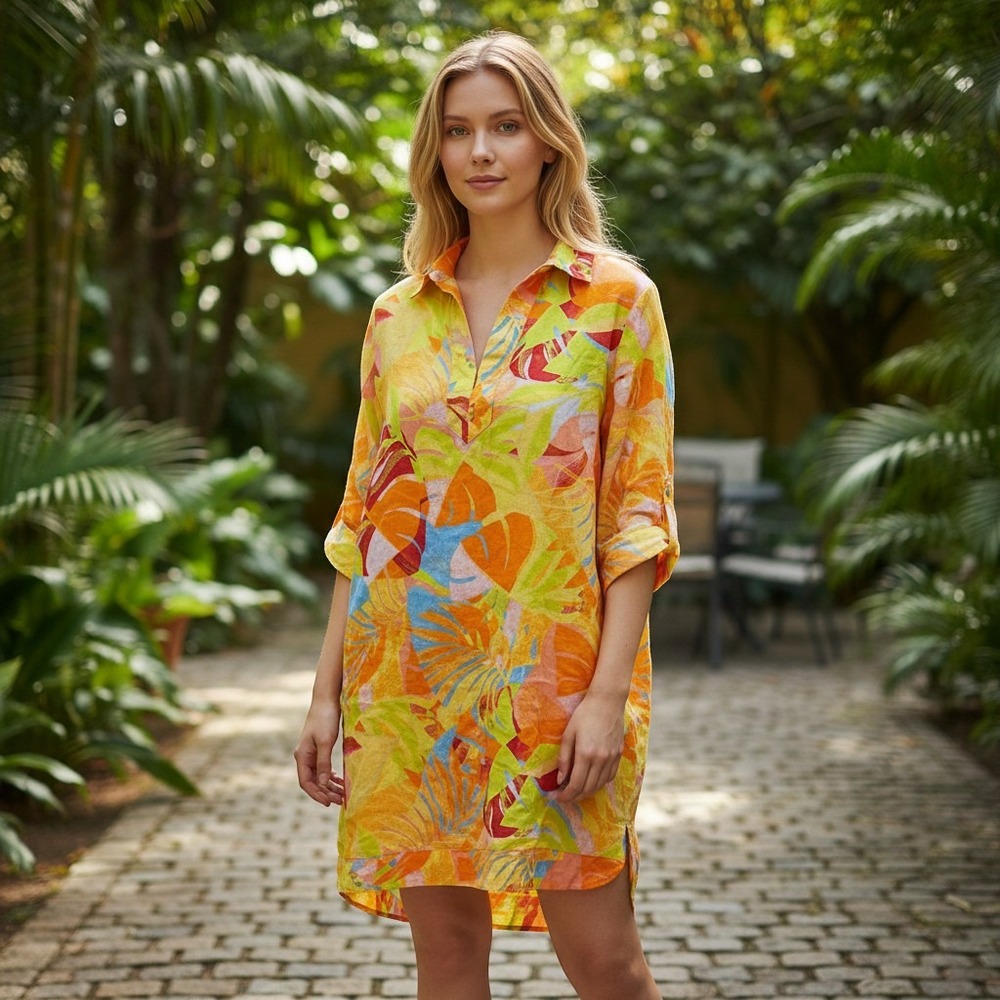 C&C California Tunic Dress Womensβ L Yellow Tropical Linen Blend Beach Coverup